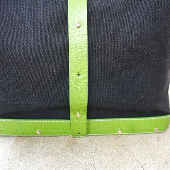 RARE Vtg Kate Spade Neon Lime Black Canvas Wood Satchel - Picture 7 of 14